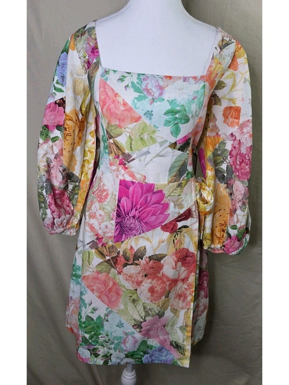 Vince Camuto Faux Wrap Floral Print Dress Square Neck 14 NWT